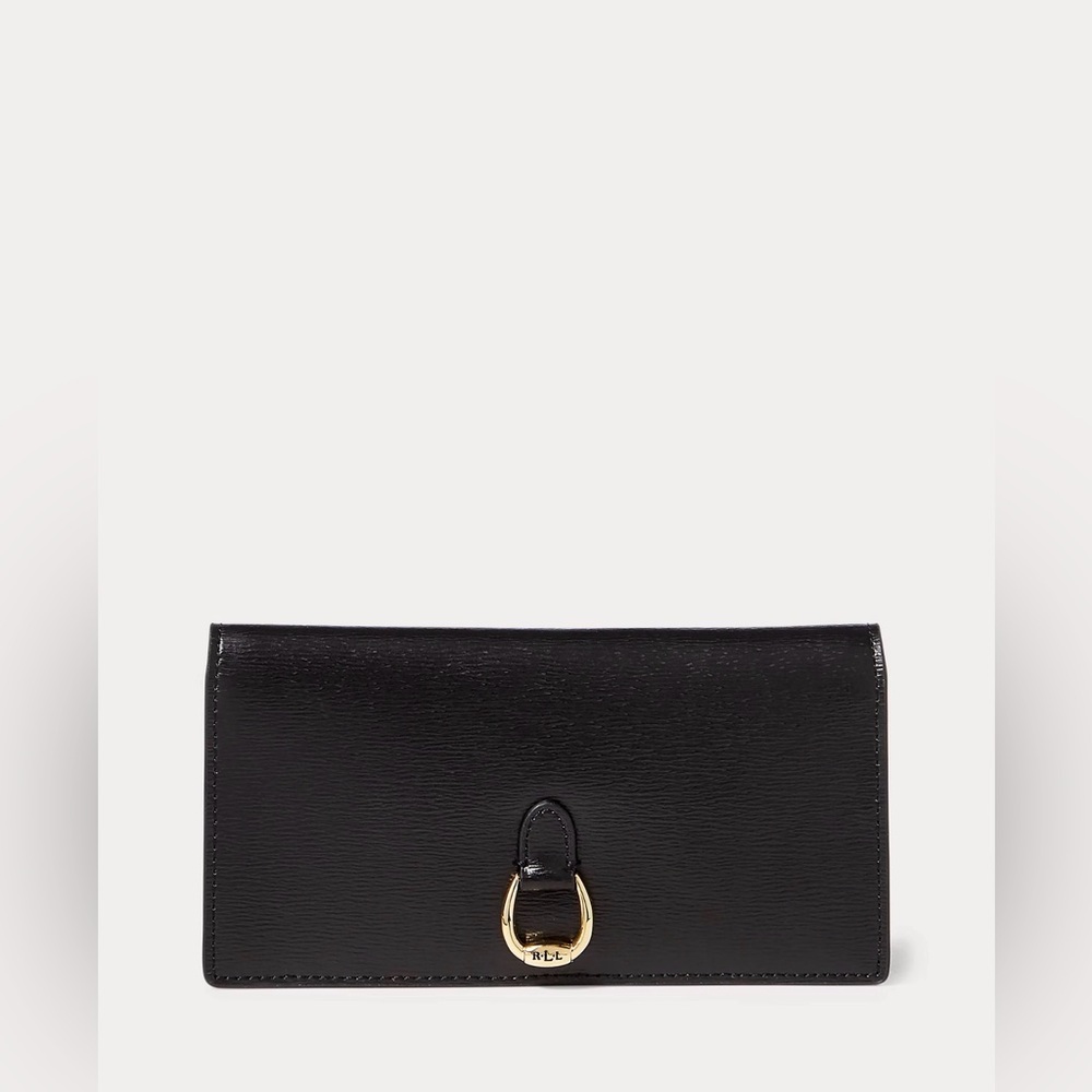 Ralph Lauren Black Leather Wallet Gold Logo Snap Closure